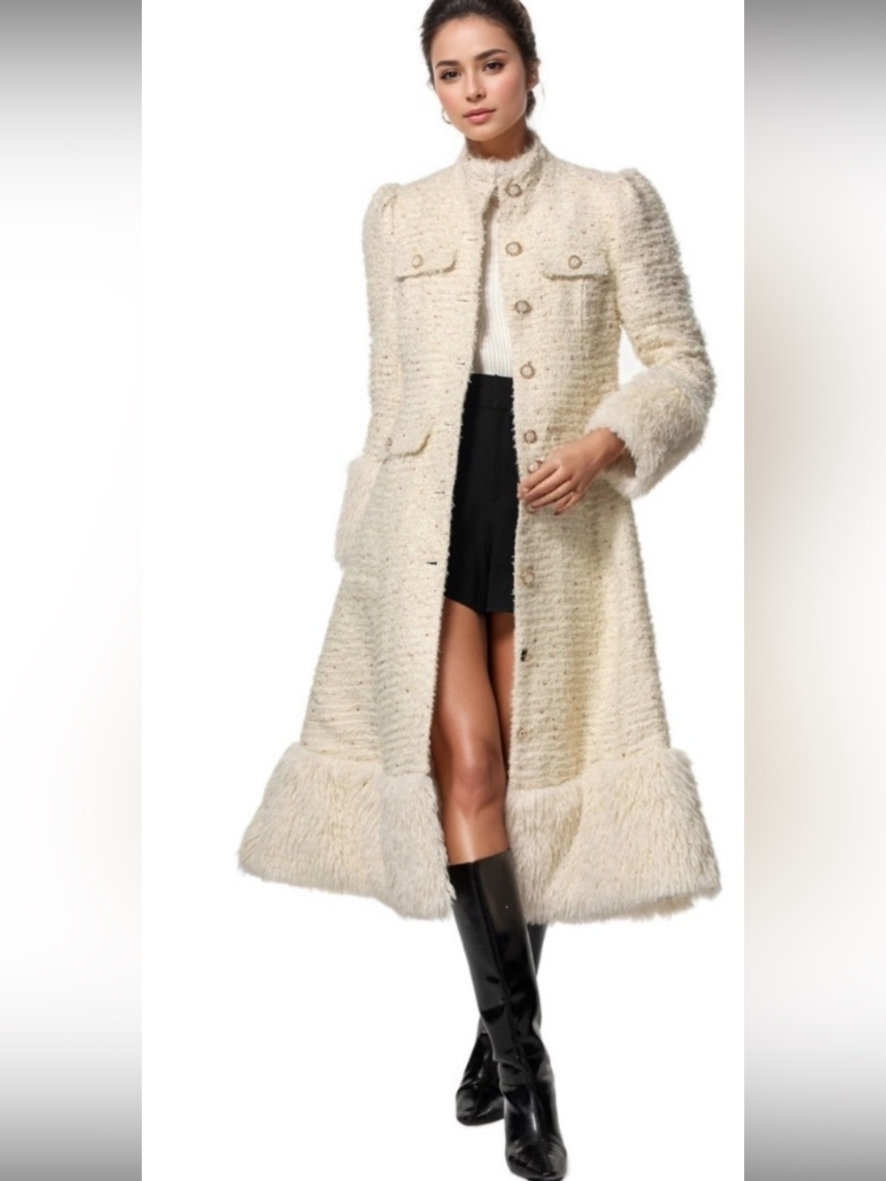 Cream Boucle FUR Edge Long Coat